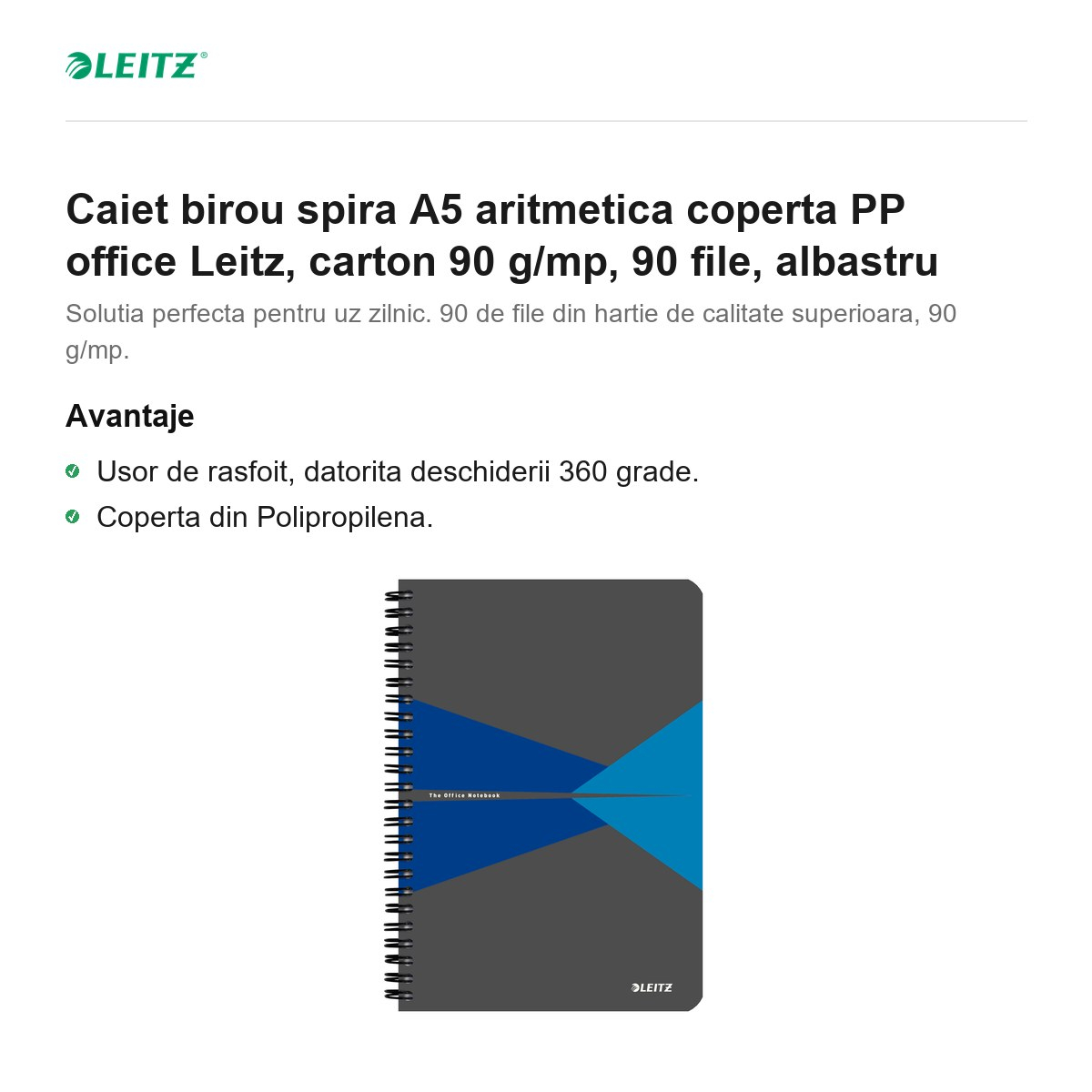 Caiet birou spira A5 aritmetica coperta PP office Leitz, carton 90 g/mp, 90 file, albastru [2]