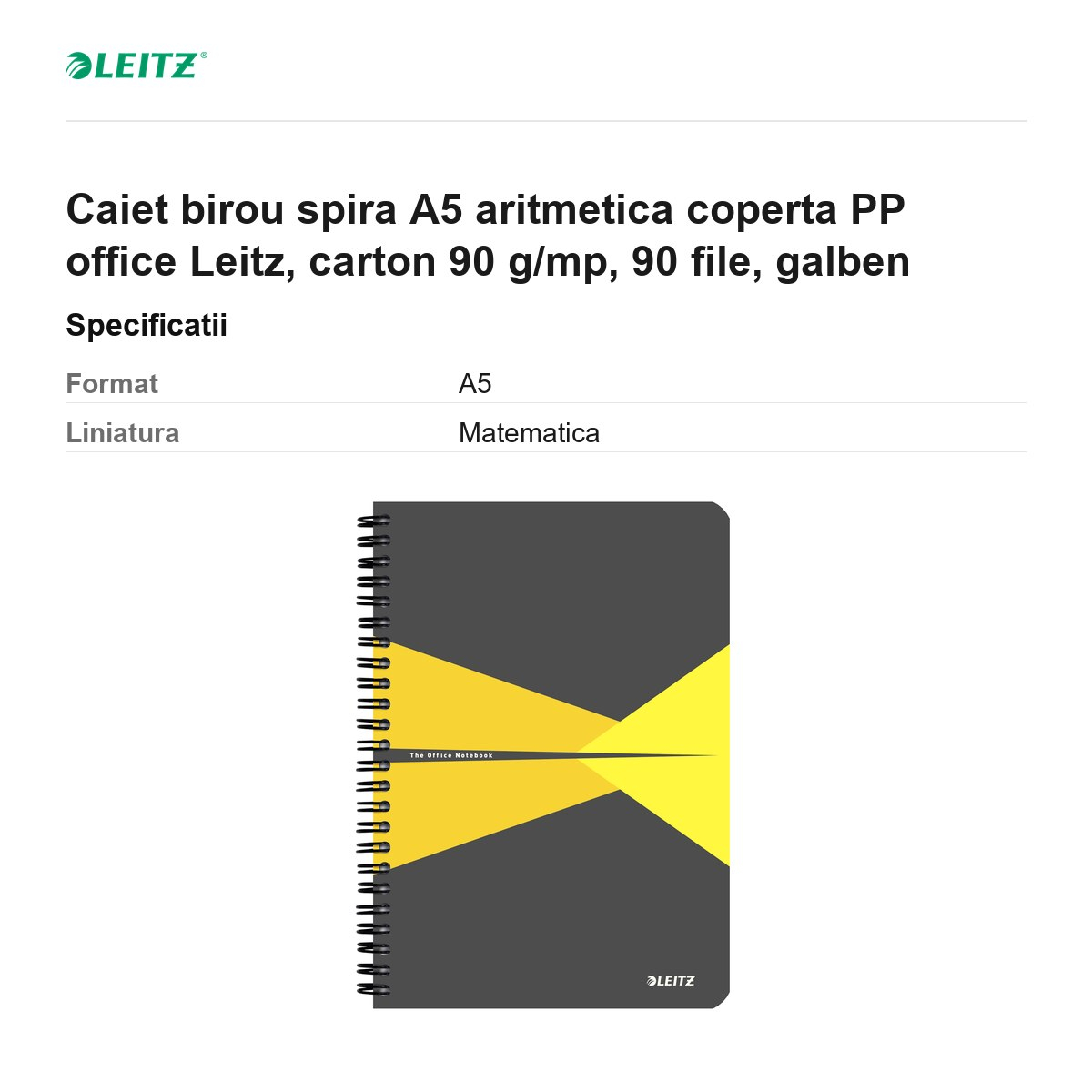 Caiet birou spira A5 aritmetica coperta PP office Leitz, carton 90 g/mp, 90 file, galben [3]
