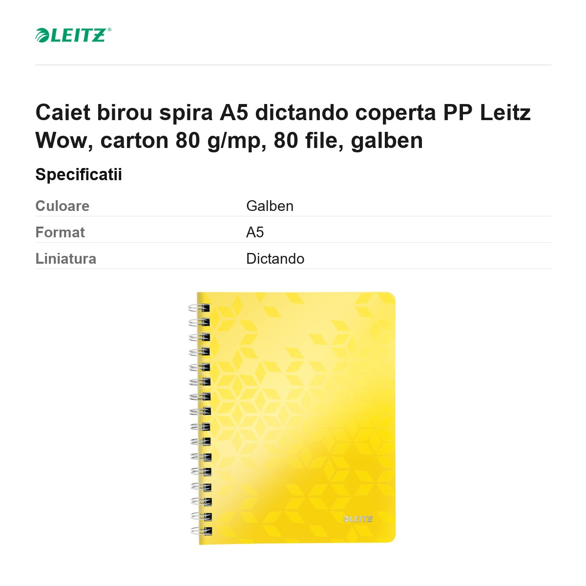 Caiet birou spira A5 dictando coperta PP Leitz Wow, carton 80 g/mp, 80 file, galben [3]