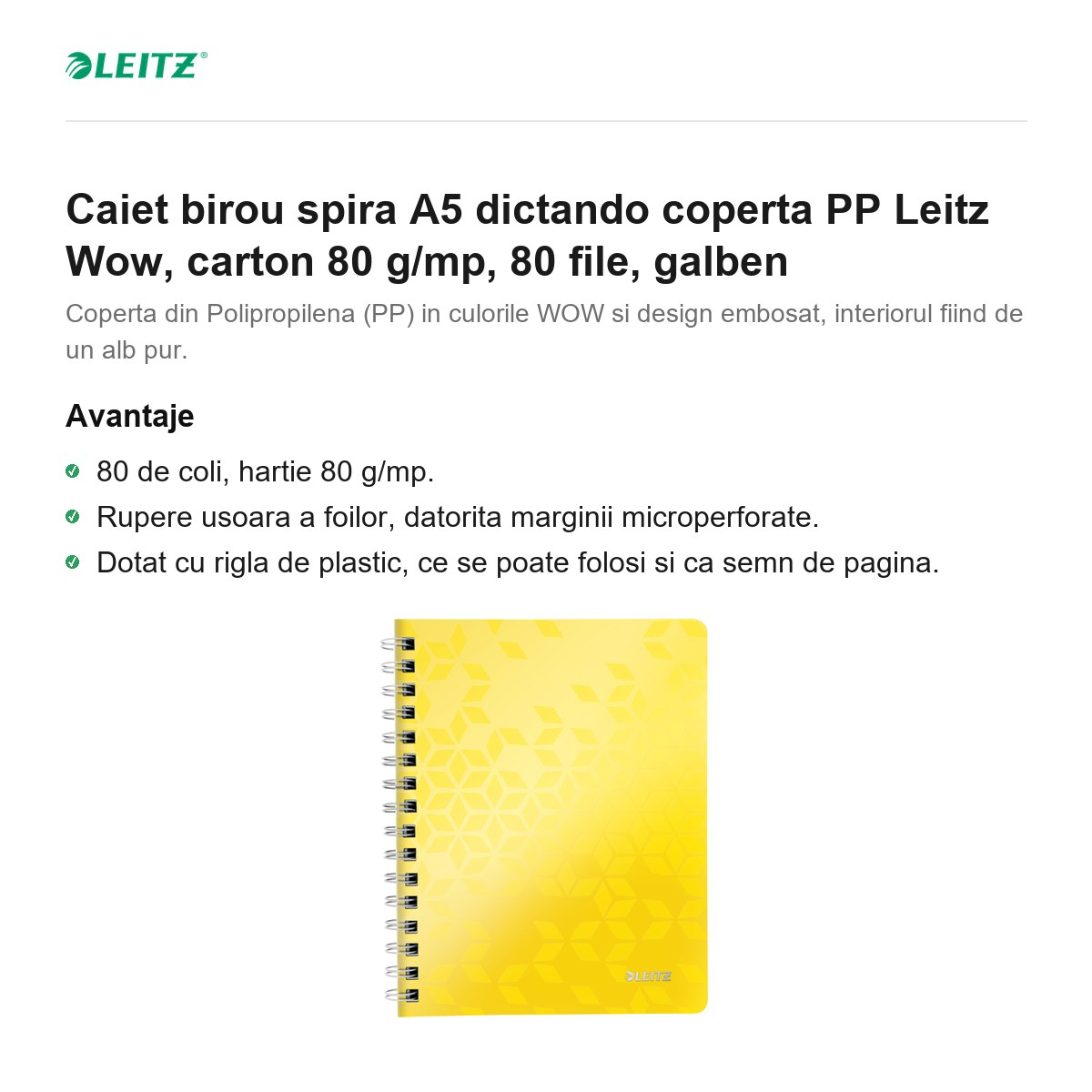 Caiet birou spira A5 dictando coperta PP Leitz Wow, carton 80 g/mp, 80 file, galben [2]