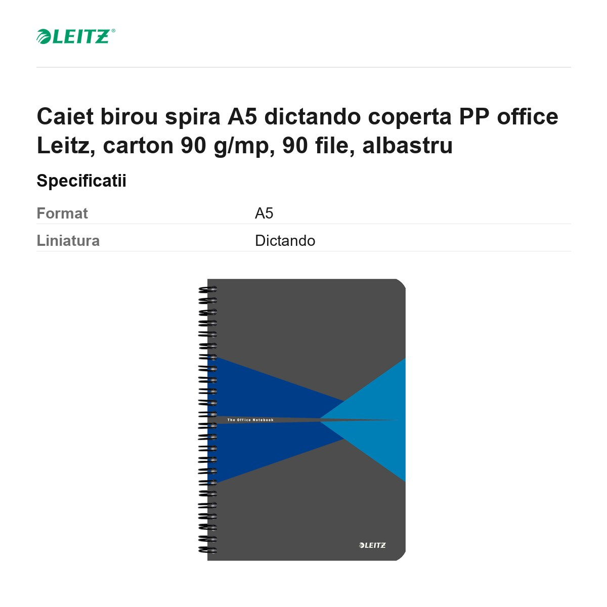 Caiet birou spira A5 dictando coperta PP office Leitz, carton 90 g/mp, 90 file, albastru [3]