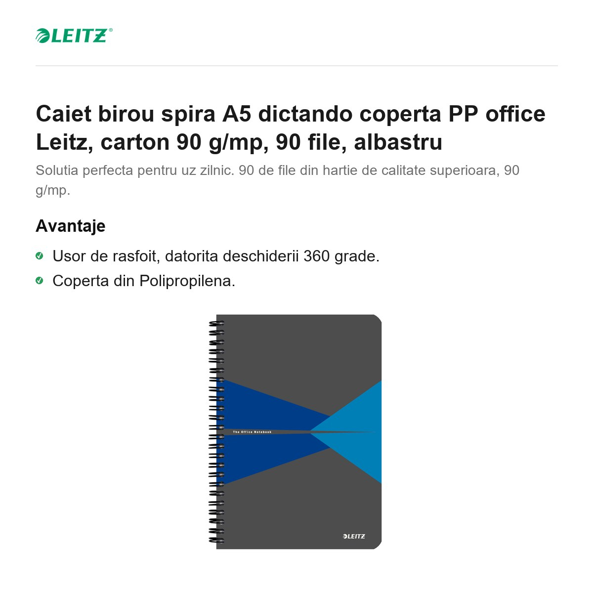 Caiet birou spira A5 dictando coperta PP office Leitz, carton 90 g/mp, 90 file, albastru [2]