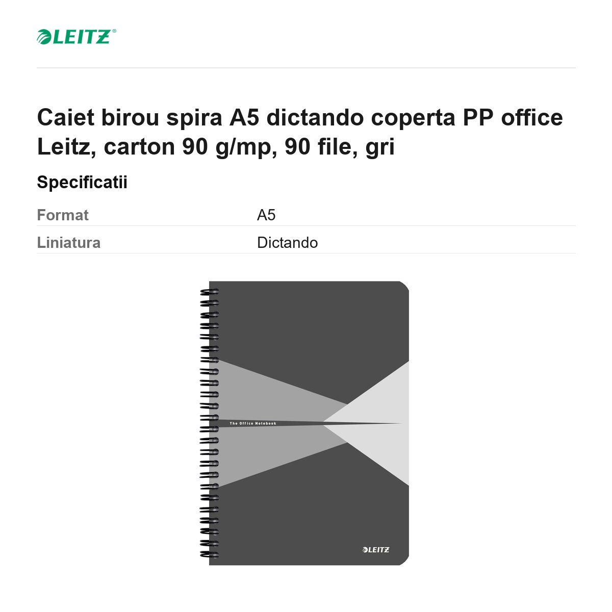 Caiet birou spira A5 dictando coperta PP office Leitz, carton 90 g/mp, 90 file, gri [3]
