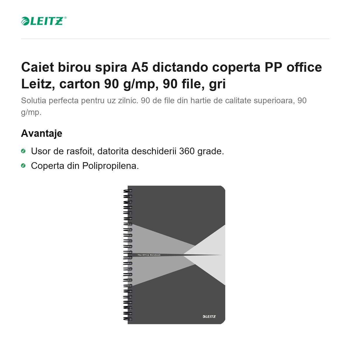 Caiet birou spira A5 dictando coperta PP office Leitz, carton 90 g/mp, 90 file, gri [2]
