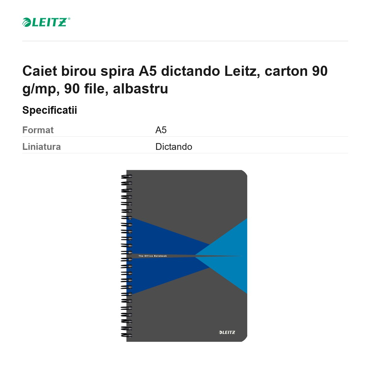 Caiet birou spira A5 dictando Leitz, carton 90 g/mp, 90 file, albastru [3]