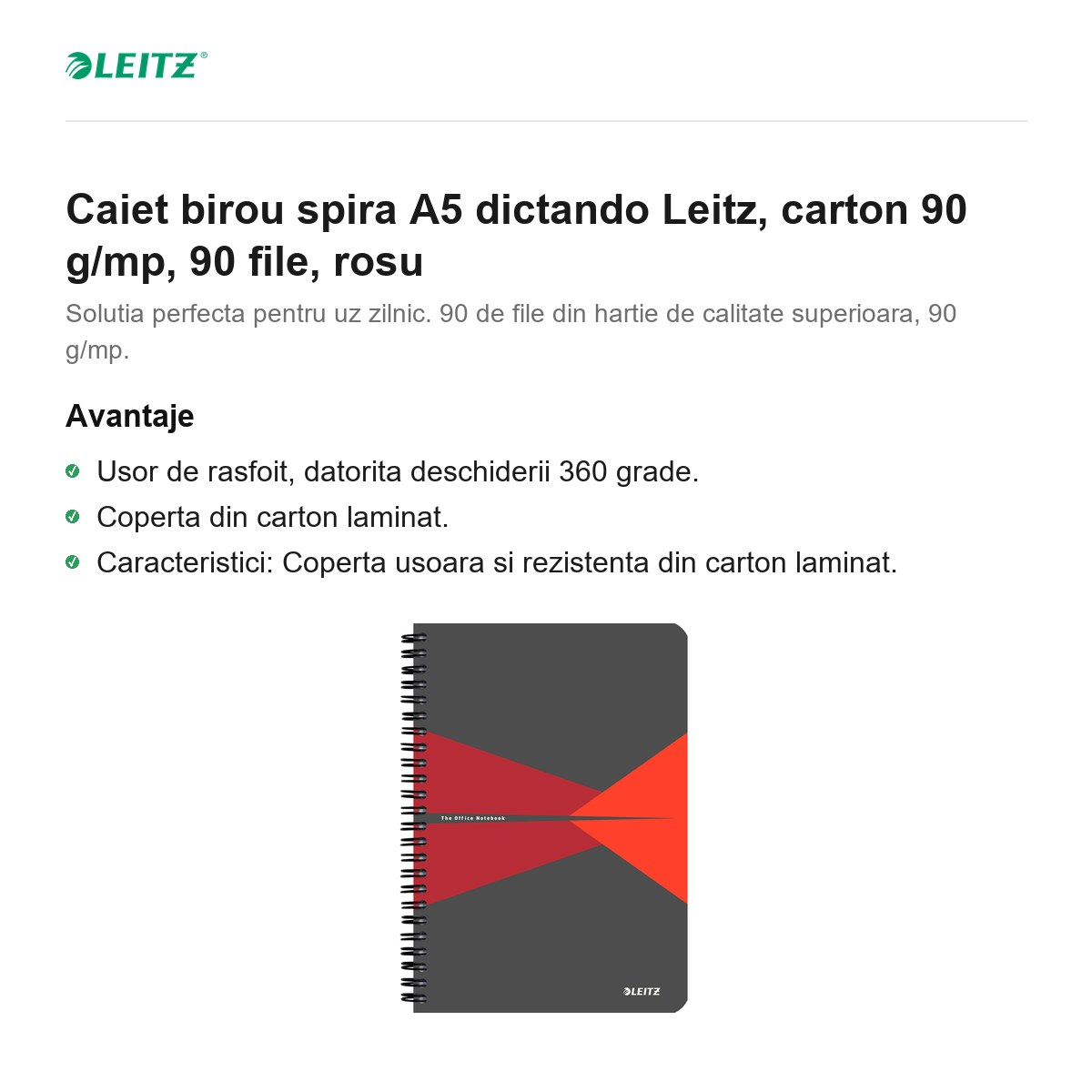 Caiet birou spira A5 dictando Leitz, carton 90 g/mp, 90 file, rosu [2]