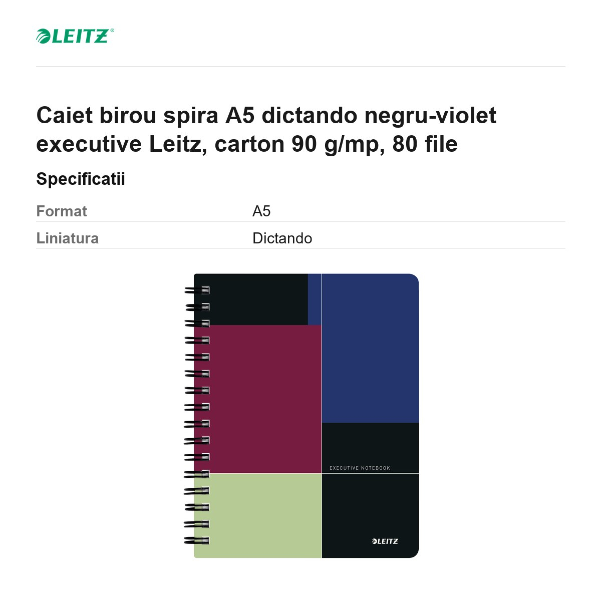 Caiet birou spira A5 dictando negru-violet executive Leitz, carton 90 g/mp, 80 file [3]