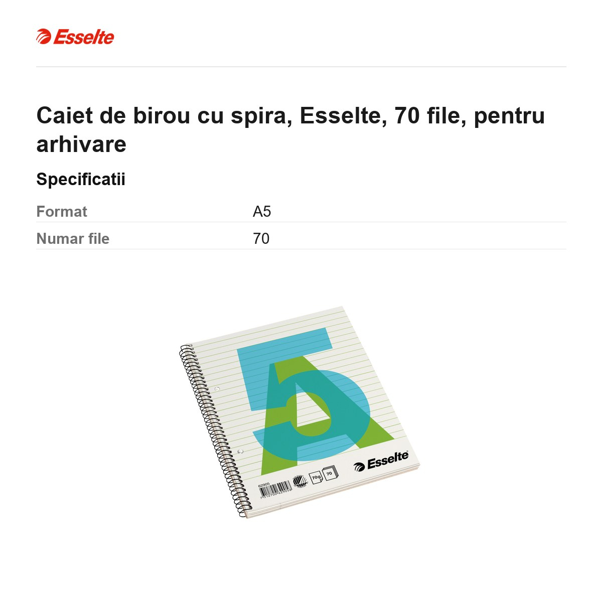 Caiet de birou cu spira, Esselte, 70 file, pentru arhivare [3]