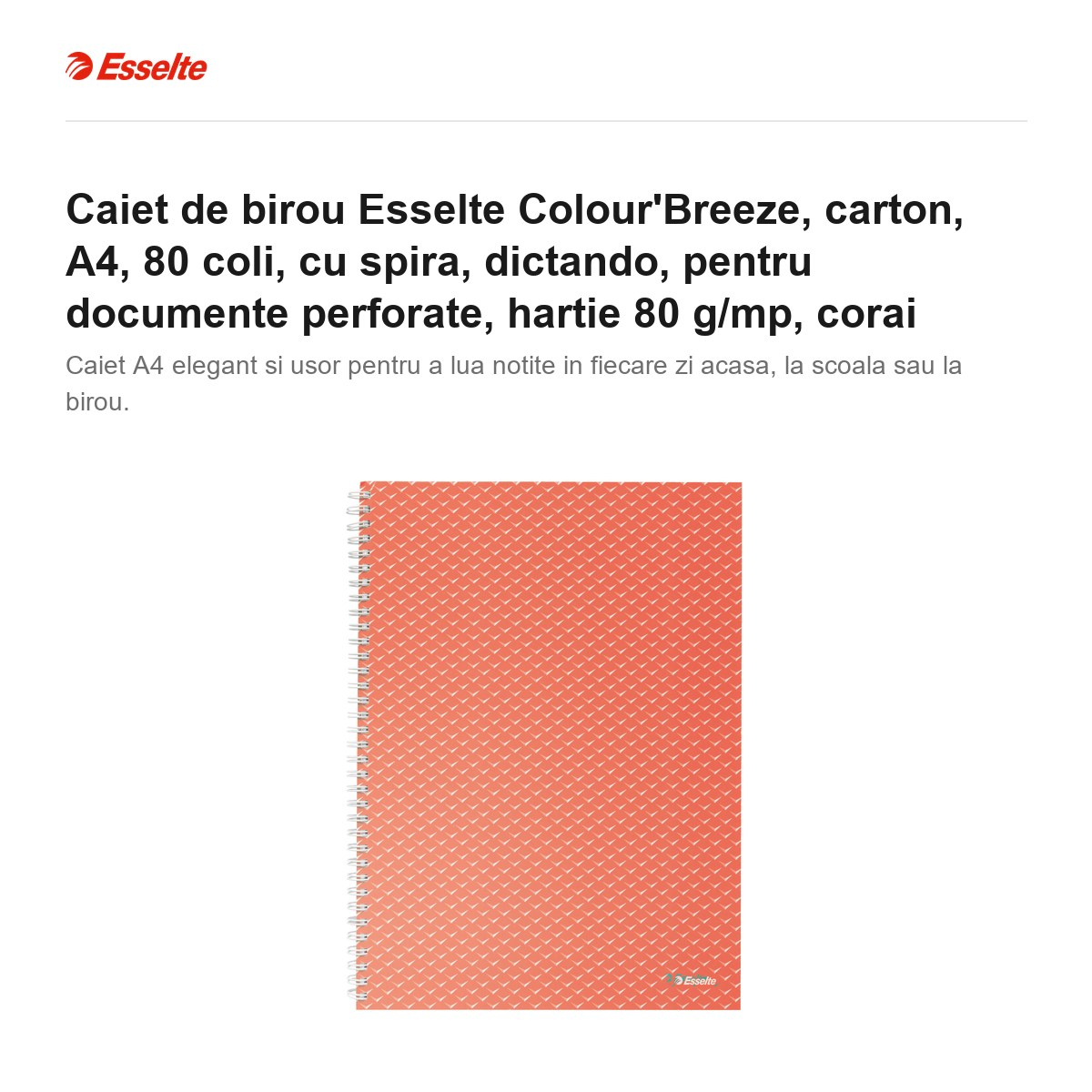 Caiet de birou Esselte Colour'Breeze, carton, A4, 80 coli, cu spira, dictando, pentru documente perforate, hartie 80 g/mp, corai [2]