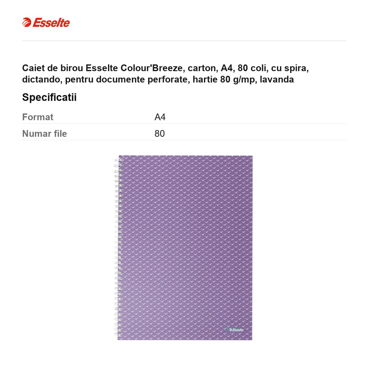 Caiet de birou Esselte Colour'Breeze, carton, A4, 80 coli, cu spira, dictando, pentru documente perforate, hartie 80 g/mp, lavanda [3]