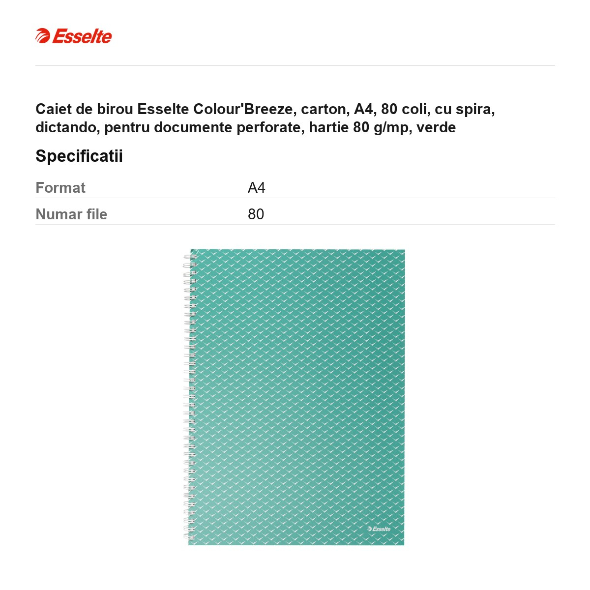 Caiet de birou Esselte Colour'Breeze, carton, A4, 80 coli, cu spira, dictando, pentru documente perforate, hartie 80 g/mp, verde [3]