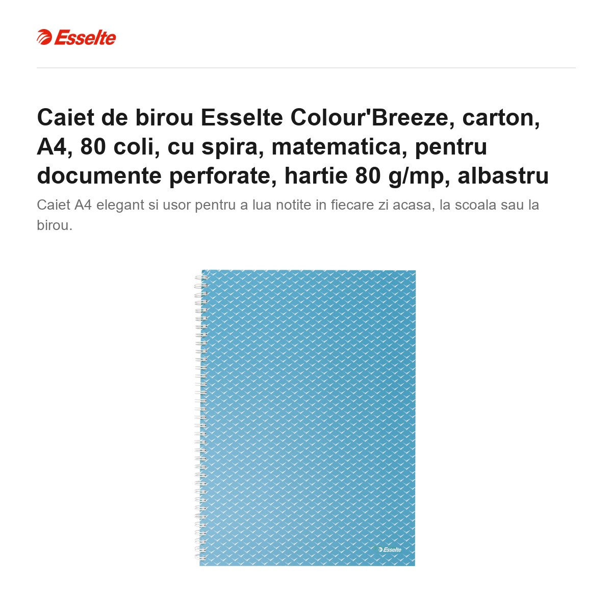 Caiet de birou Esselte Colour'Breeze, carton, A4, 80 coli, cu spira, matematica, pentru documente perforate, hartie 80 g/mp, albastru [2]