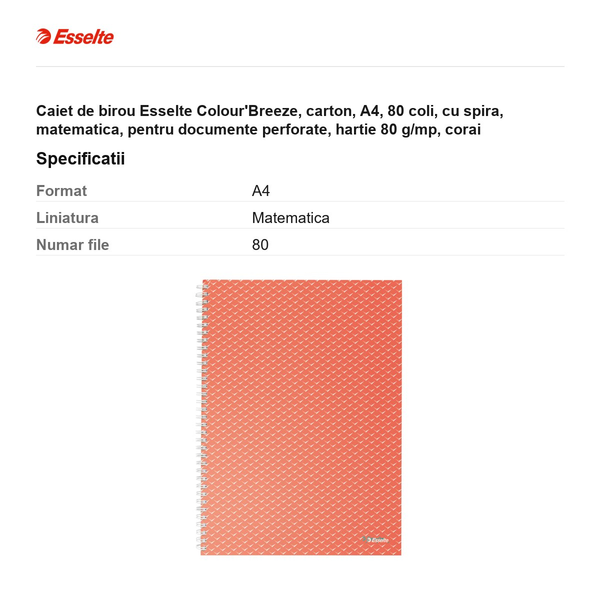 Caiet de birou Esselte Colour'Breeze, carton, A4, 80 coli, cu spira, matematica, pentru documente perforate, hartie 80 g/mp, corai [3]