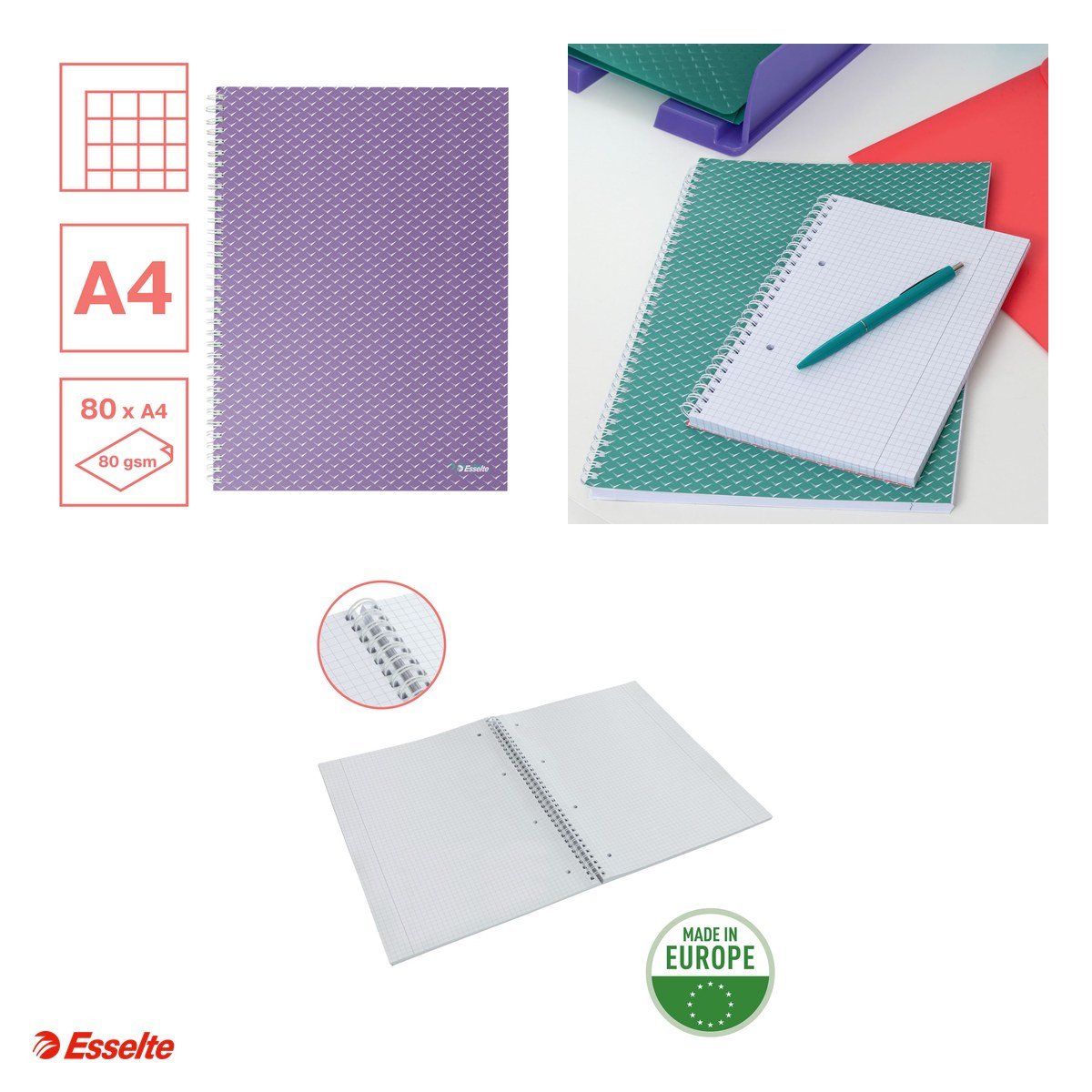 Caiet de birou Esselte Colour'Breeze, carton, A4, 80 coli, cu spira, matematica, pentru documente perforate, hartie 80 g/mp, lavanda [4]