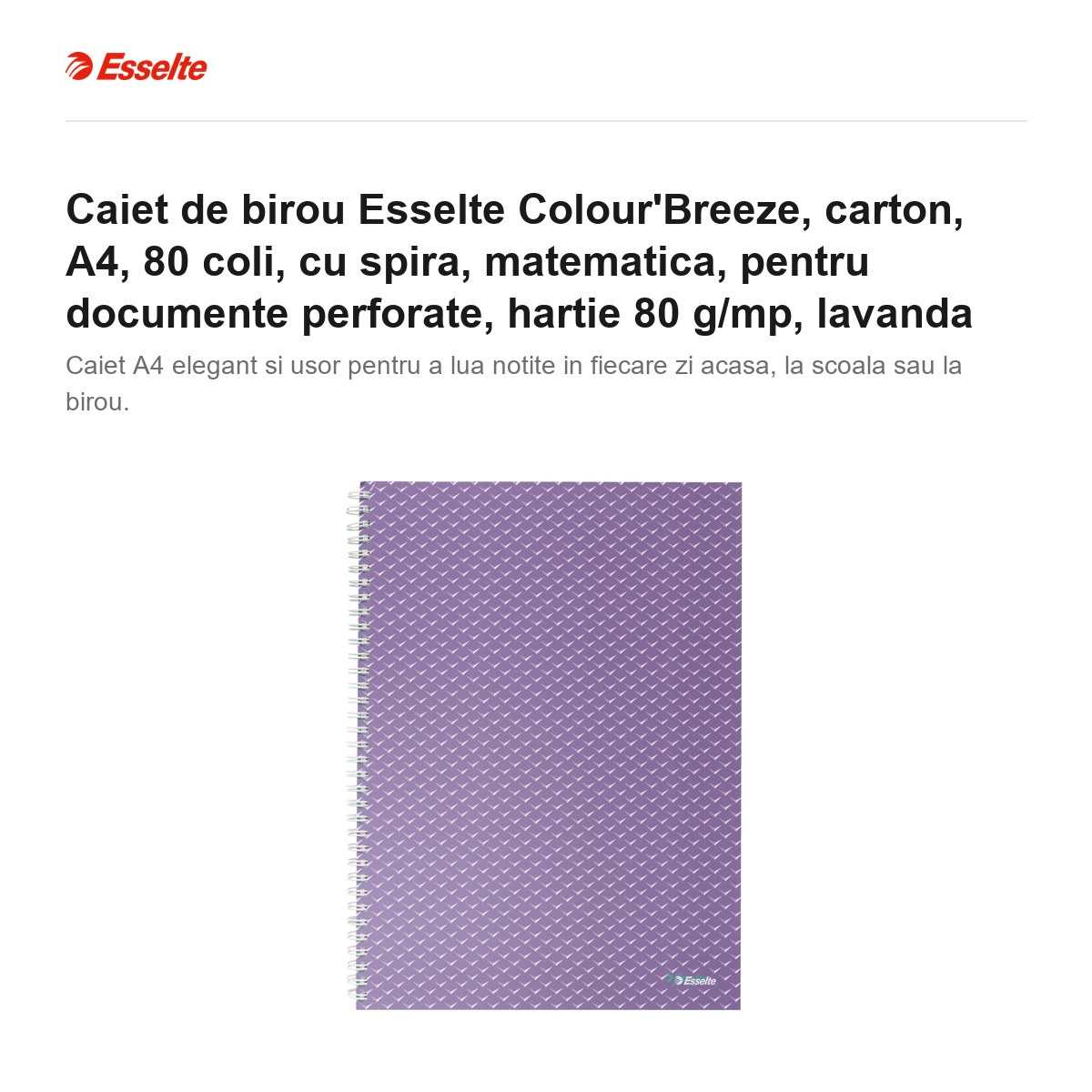 Caiet de birou Esselte Colour'Breeze, carton, A4, 80 coli, cu spira, matematica, pentru documente perforate, hartie 80 g/mp, lavanda [2]