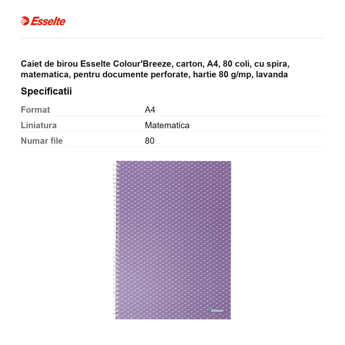 Caiet de birou Esselte Colour'Breeze, carton, A4, 80 coli, cu spira, matematica, pentru documente perforate, hartie 80 g/mp, lavanda [3]