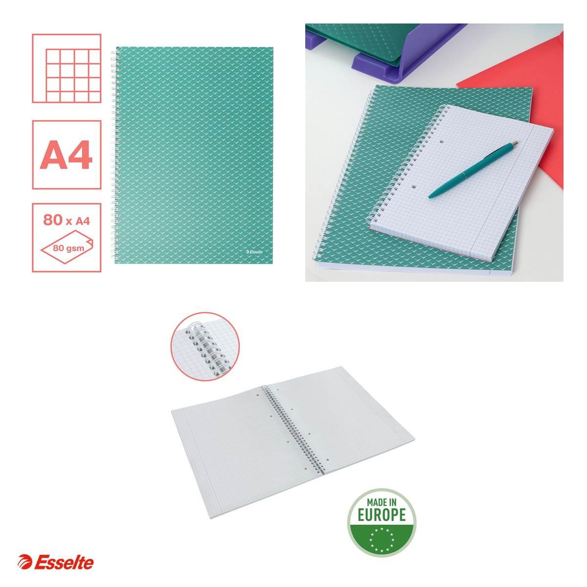 Caiet de birou Esselte Colour'Breeze, carton, A4, 80 coli, cu spira, matematica, pentru documente perforate, hartie 80 g/mp, verde [4]