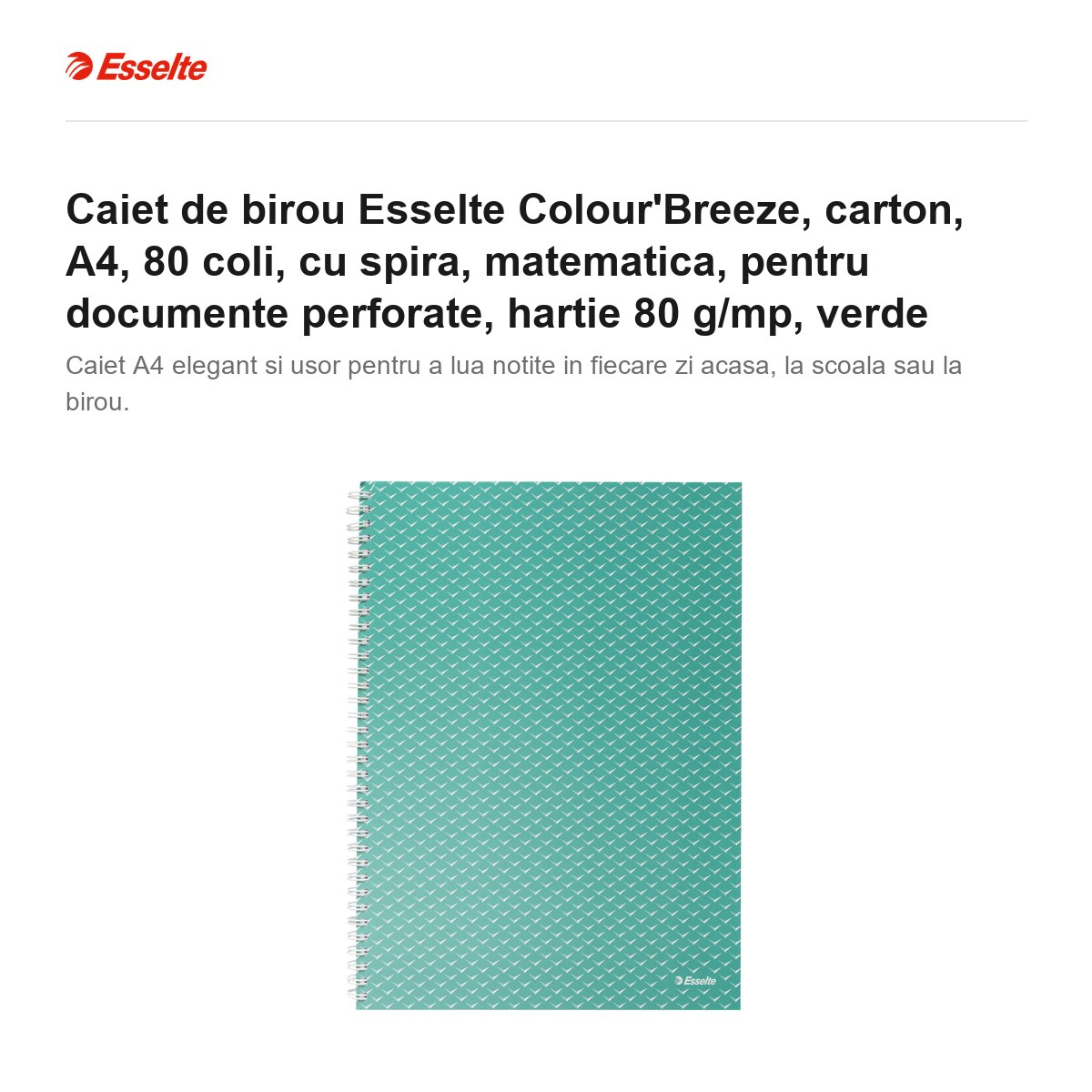 Caiet de birou Esselte Colour'Breeze, carton, A4, 80 coli, cu spira, matematica, pentru documente perforate, hartie 80 g/mp, verde [2]