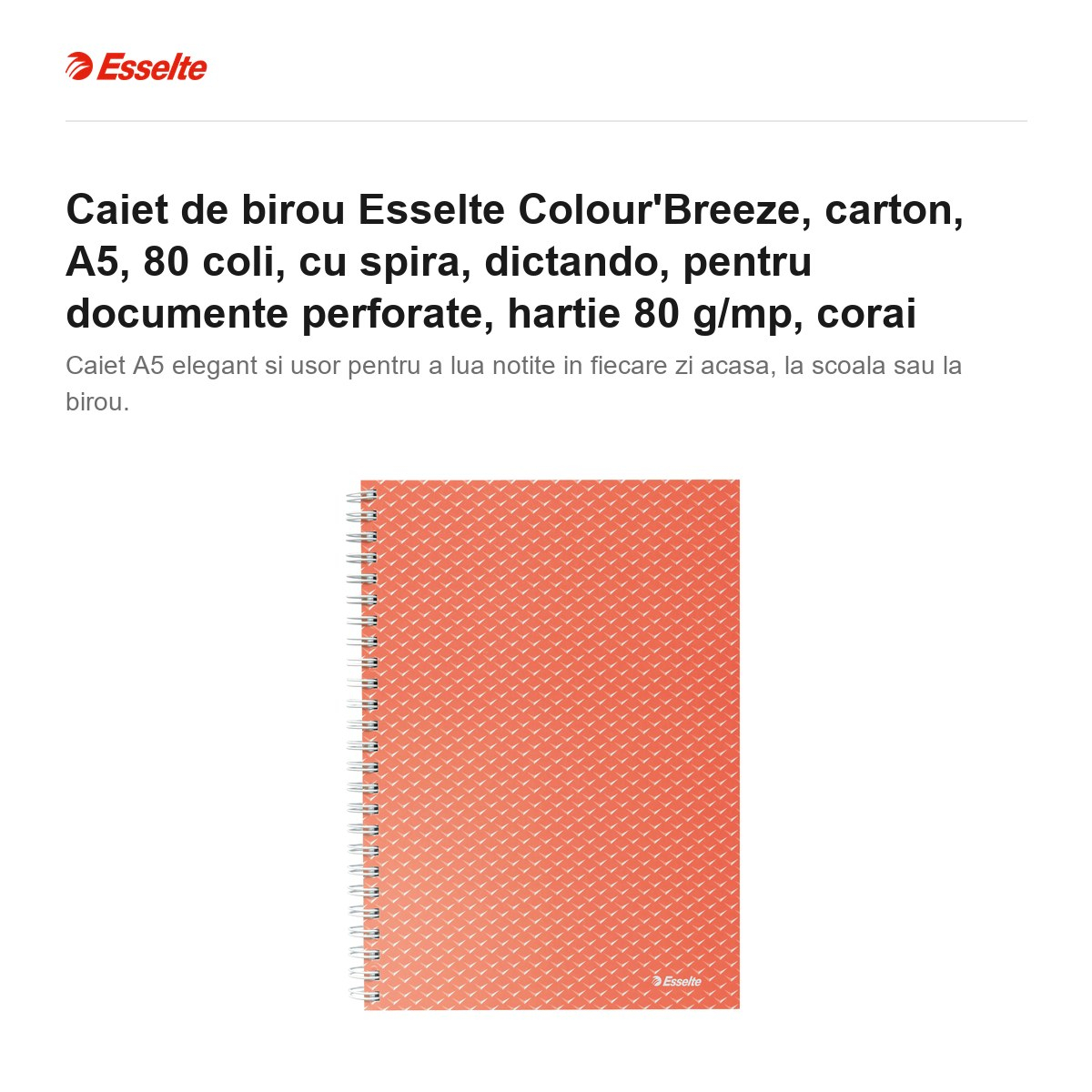 Caiet de birou Esselte Colour'Breeze, carton, A5, 80 coli, cu spira, dictando, pentru documente perforate, hartie 80 g/mp, corai [2]