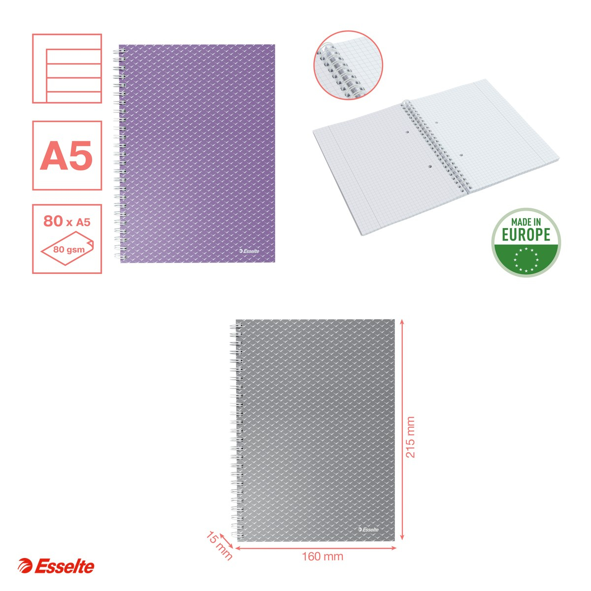 Caiet de birou Esselte Colour'Breeze, carton, A5, 80 coli, cu spira, dictando, pentru documente perforate, hartie 80 g/mp, lavanda [4]