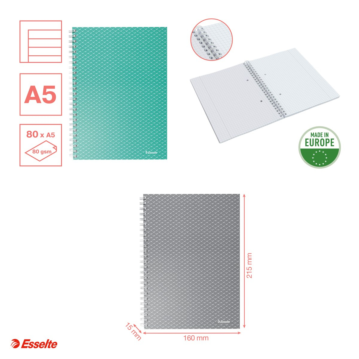 Caiet de birou Esselte Colour'Breeze, carton, A5, 80 coli, cu spira, dictando, pentru documente perforate, hartie 80 g/mp, verde [4]