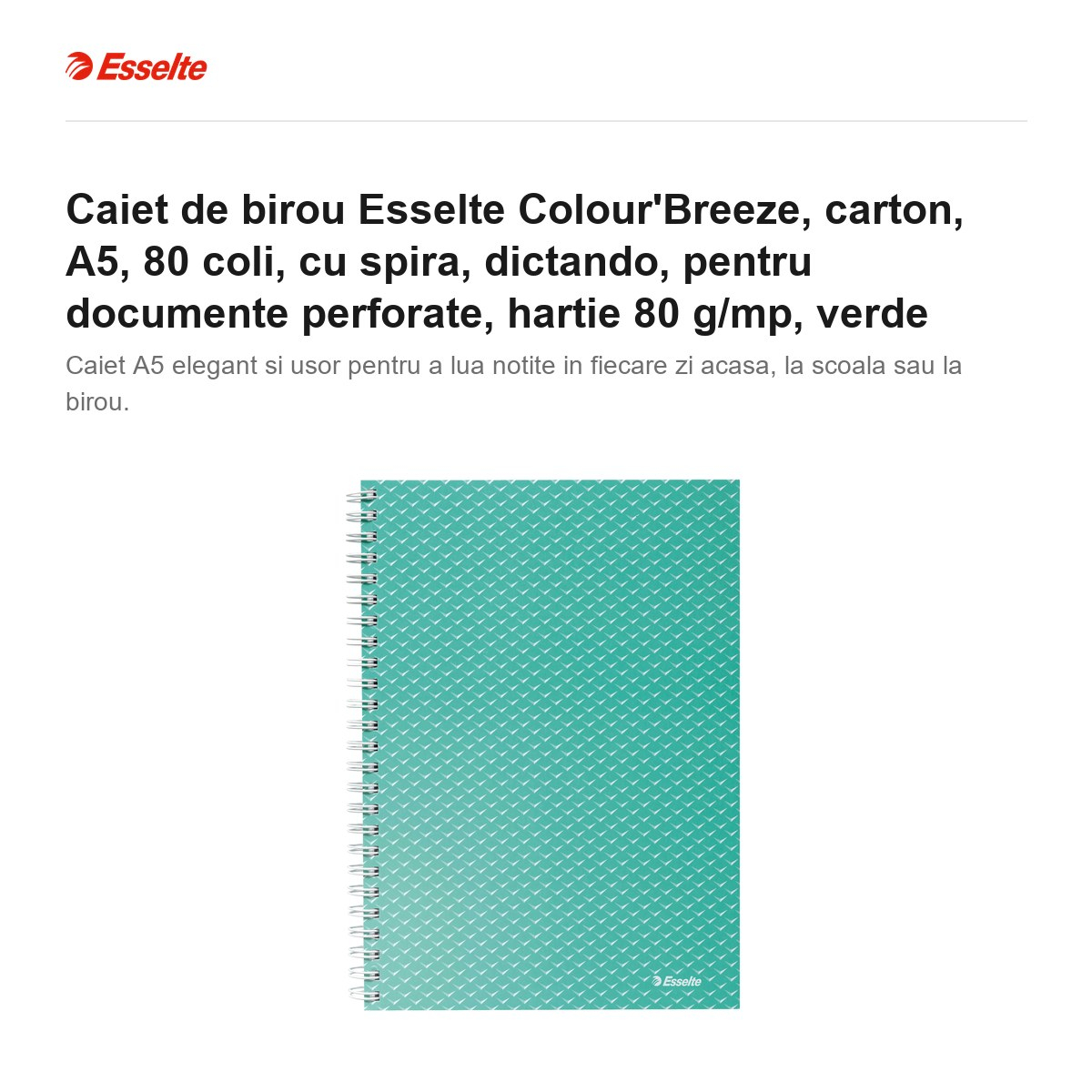 Caiet de birou Esselte Colour'Breeze, carton, A5, 80 coli, cu spira, dictando, pentru documente perforate, hartie 80 g/mp, verde [2]