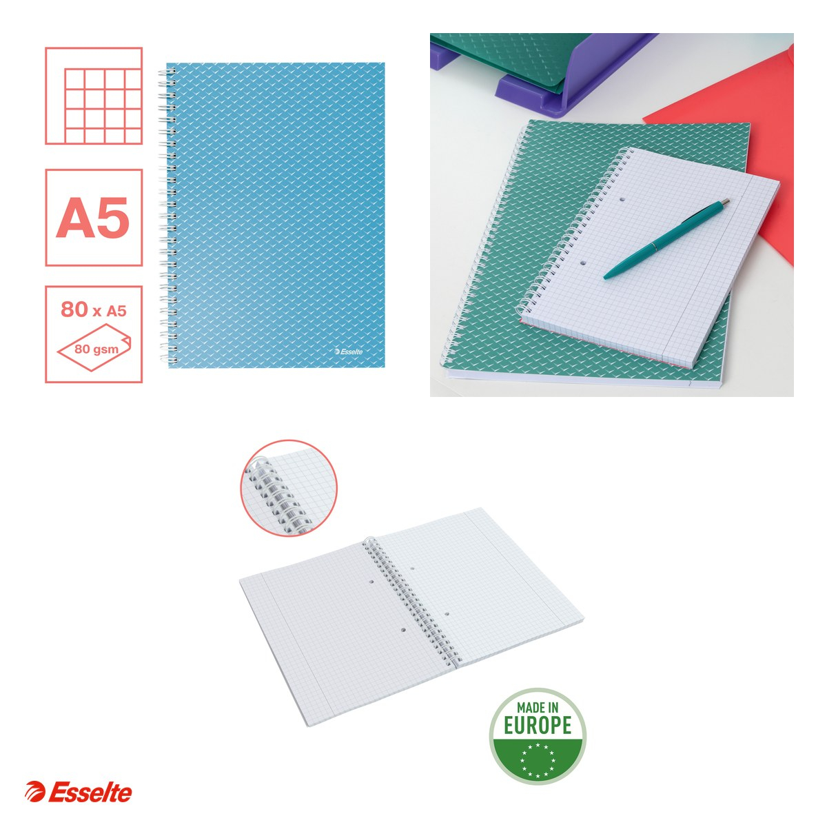 Caiet de birou Esselte Colour'Breeze, carton, A5, 80 coli, cu spira, matematica, pentru documente perforate, albastru [4]