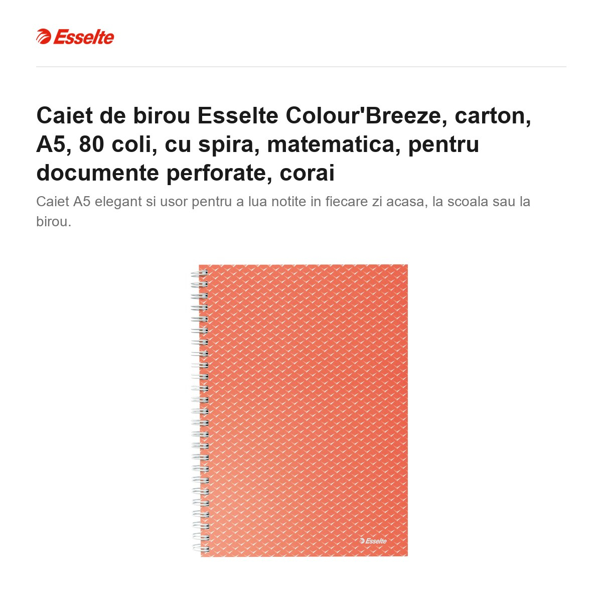 Caiet de birou Esselte Colour'Breeze, carton, A5, 80 coli, cu spira, matematica, pentru documente perforate, corai [2]