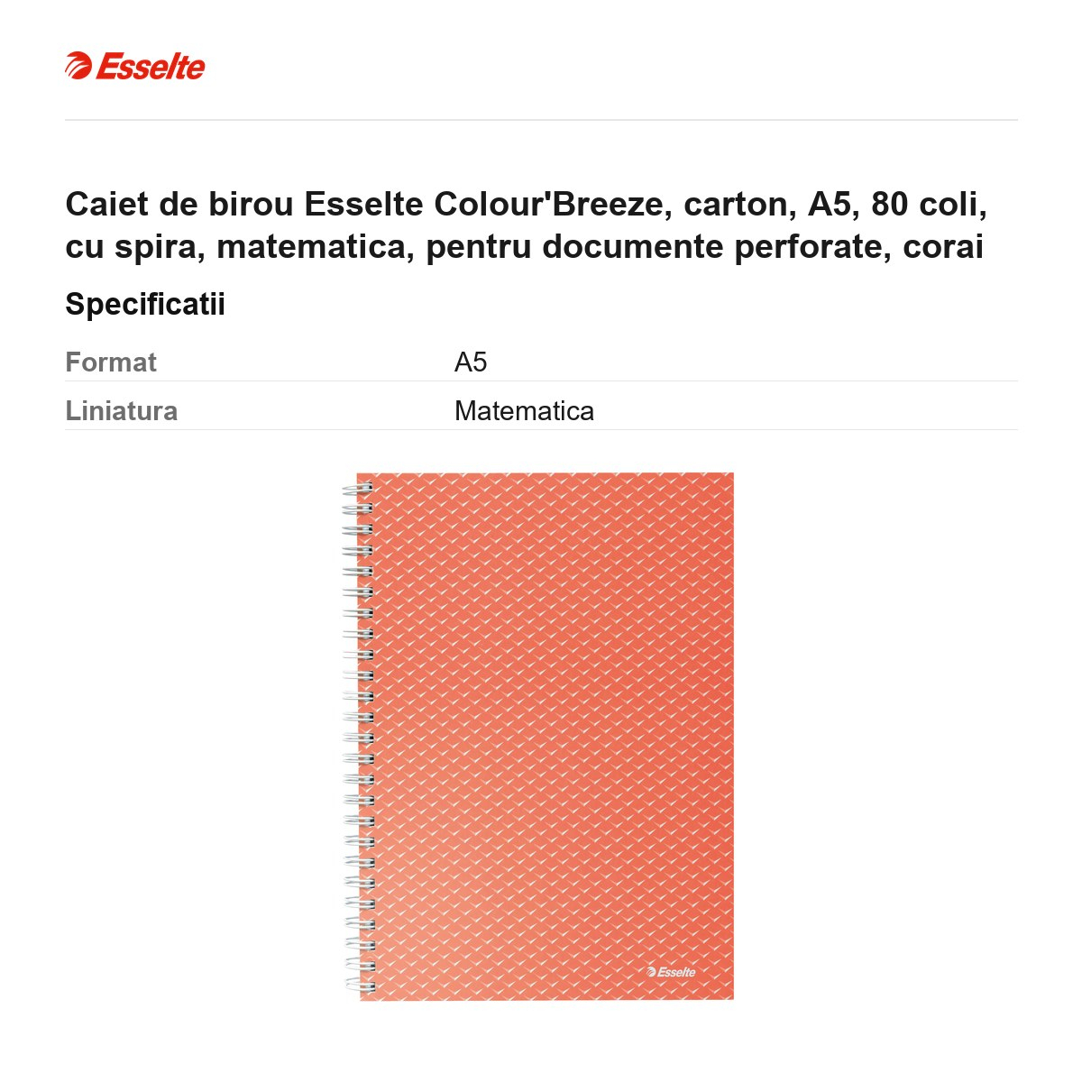 Caiet de birou Esselte Colour'Breeze, carton, A5, 80 coli, cu spira, matematica, pentru documente perforate, corai [3]
