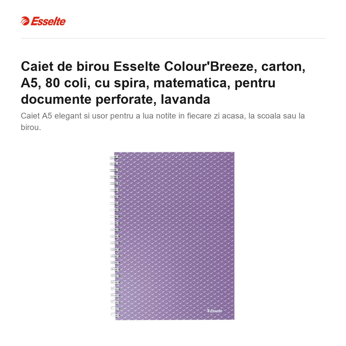 Caiet de birou Esselte Colour'Breeze, carton, A5, 80 coli, cu spira, matematica, pentru documente perforate, lavanda [2]