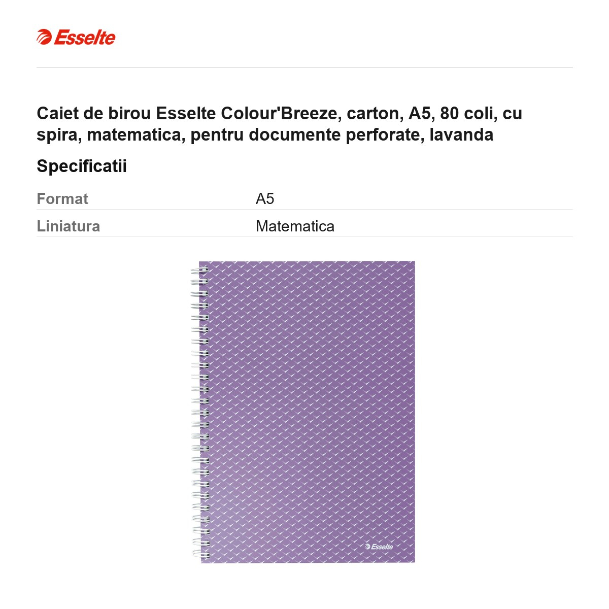 Caiet de birou Esselte Colour'Breeze, carton, A5, 80 coli, cu spira, matematica, pentru documente perforate, lavanda [3]
