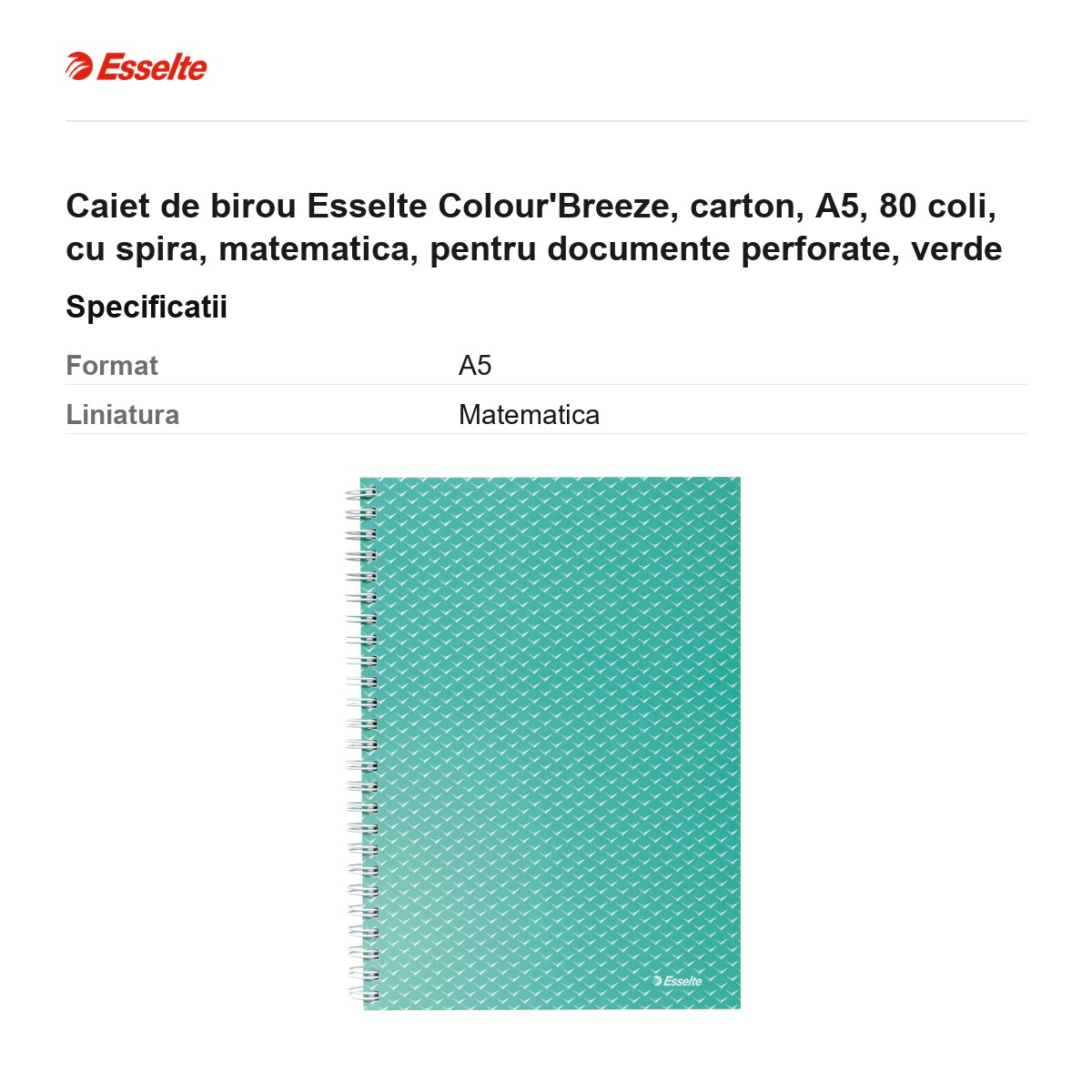 Caiet de birou Esselte Colour'Breeze, carton, A5, 80 coli, cu spira, matematica, pentru documente perforate, verde [3]