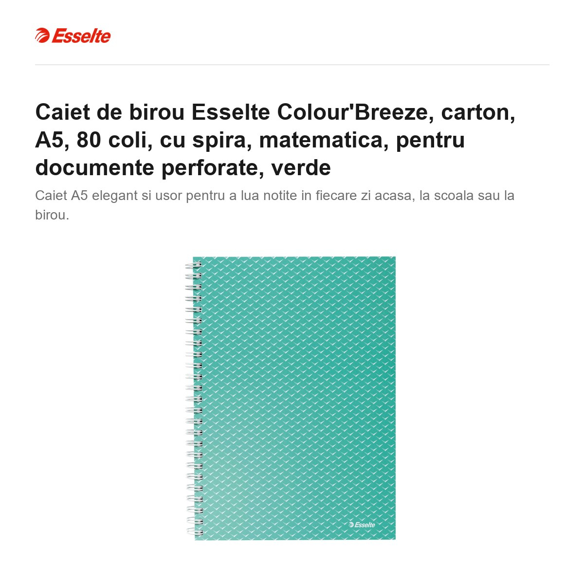 Caiet de birou Esselte Colour'Breeze, carton, A5, 80 coli, cu spira, matematica, pentru documente perforate, verde [2]