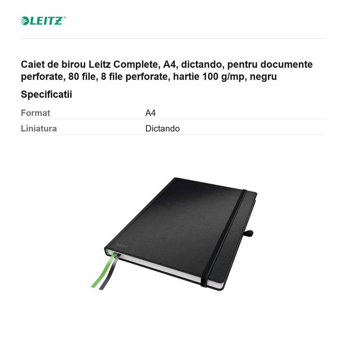 Caiet de birou Leitz Complete, A4, dictando, pentru documente perforate, 80 file, 8 file perforate, hartie 100 g/mp, negru [3]