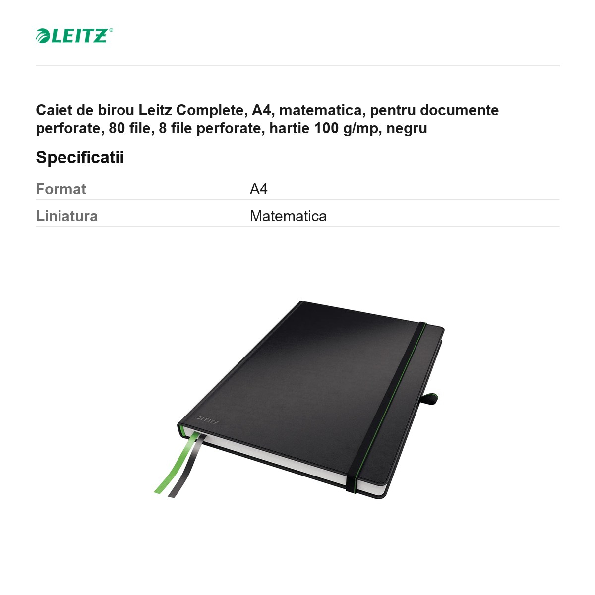 Caiet de birou Leitz Complete, A4, matematica, pentru documente perforate, 80 file, 8 file perforate, hartie 100 g/mp, negru [3]