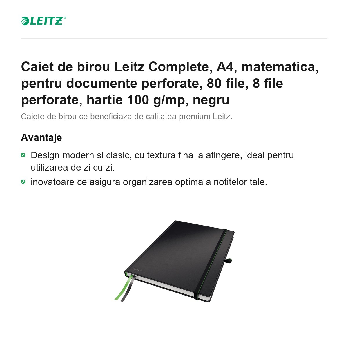 Caiet de birou Leitz Complete, A4, matematica, pentru documente perforate, 80 file, 8 file perforate, hartie 100 g/mp, negru [2]