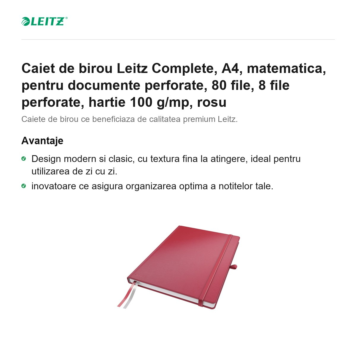 Caiet de birou Leitz Complete, A4, matematica, pentru documente perforate, 80 file, 8 file perforate, hartie 100 g/mp, rosu [2]