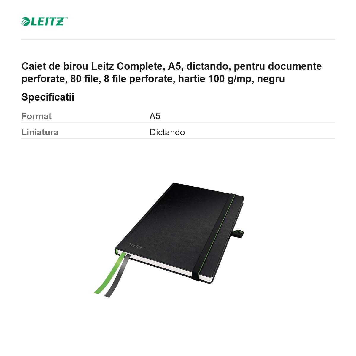 Caiet de birou Leitz Complete, A5, dictando, pentru documente perforate, 80 file, 8 file perforate, hartie 100 g/mp, negru [3]