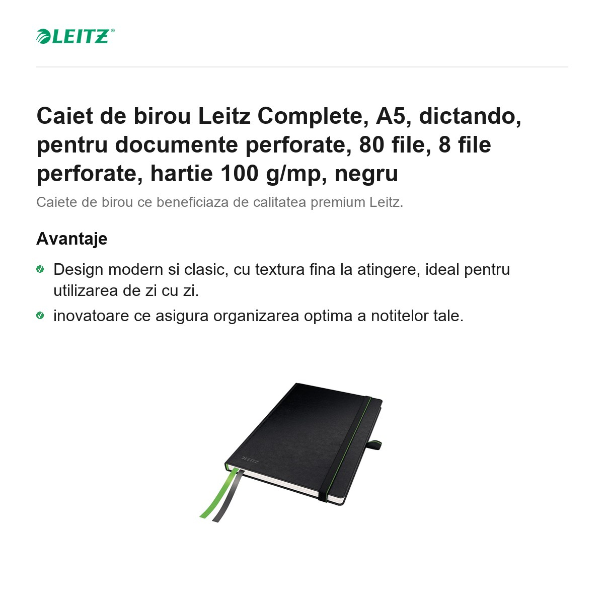 Caiet de birou Leitz Complete, A5, dictando, pentru documente perforate, 80 file, 8 file perforate, hartie 100 g/mp, negru [2]