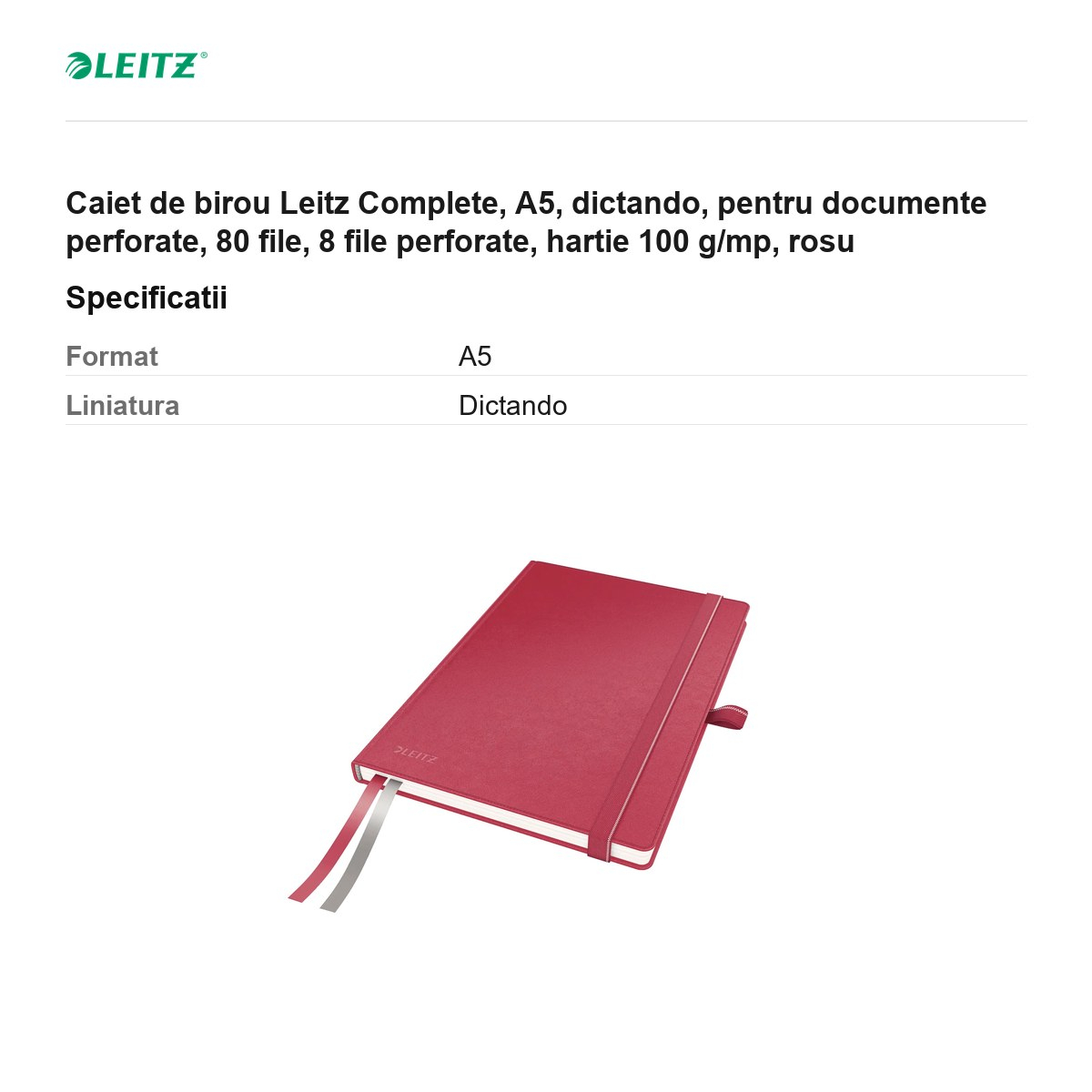 Caiet de birou Leitz Complete, A5, dictando, pentru documente perforate, 80 file, 8 file perforate, hartie 100 g/mp, rosu [3]