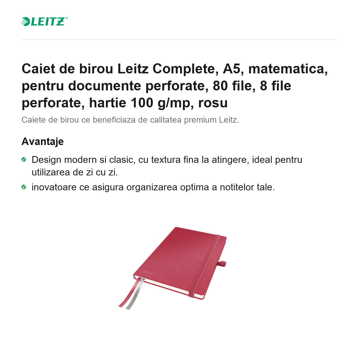 Caiet de birou Leitz Complete, A5, matematica, pentru documente perforate, 80 file, 8 file perforate, hartie 100 g/mp, rosu [2]