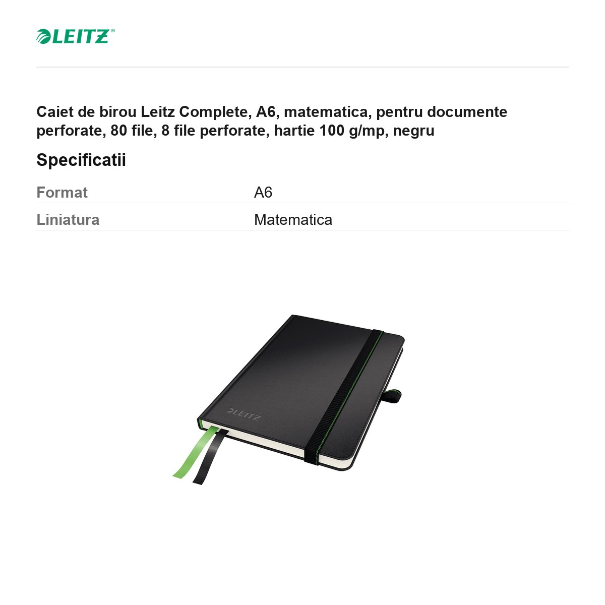 Caiet de birou Leitz Complete, A6, matematica, pentru documente perforate, 80 file, 8 file perforate, hartie 100 g/mp, negru [3]