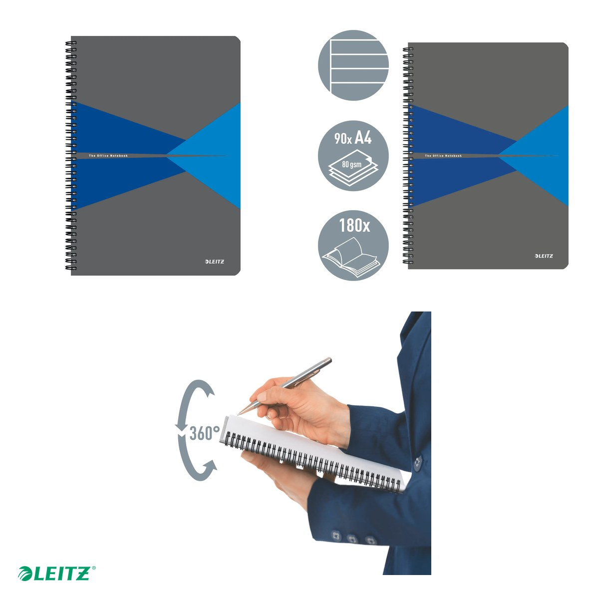 Caiet de birou Leitz Office, carton laminat, A4, 90 coli, cu spira, dictando, pentru documente perforate, hartie 80 g/mp, albastru [4]