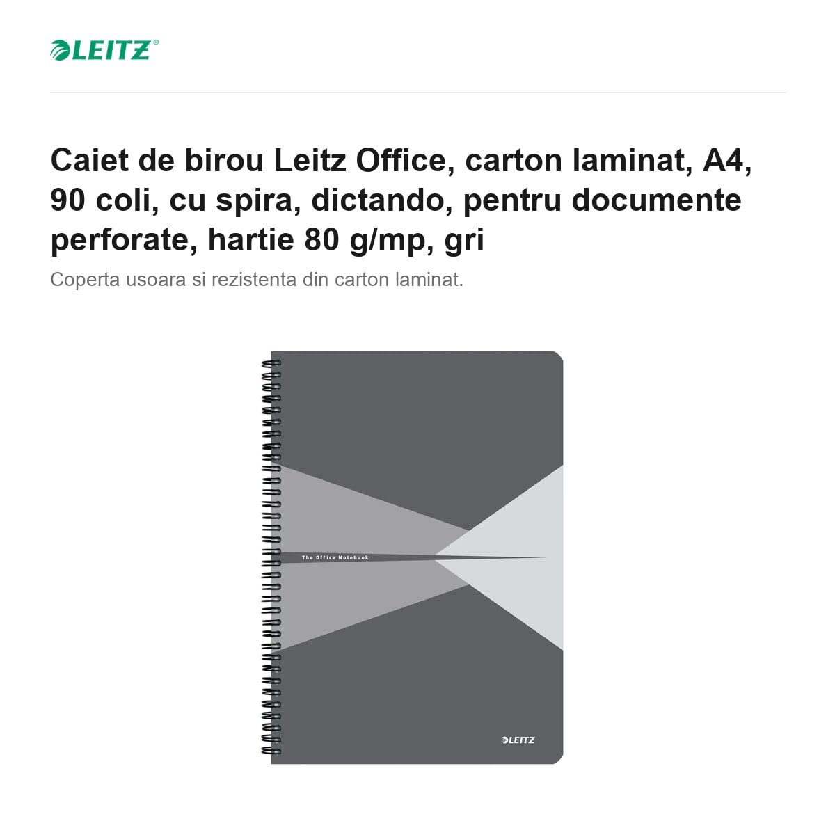 Caiet de birou Leitz Office, carton laminat, A4, 90 coli, cu spira, dictando, pentru documente perforate, hartie 80 g/mp, gri [2]