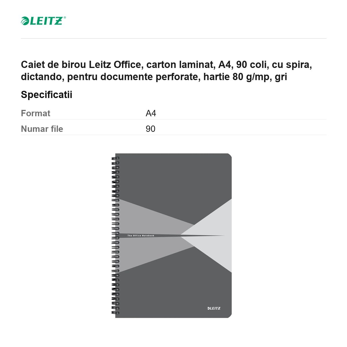 Caiet de birou Leitz Office, carton laminat, A4, 90 coli, cu spira, dictando, pentru documente perforate, hartie 80 g/mp, gri [3]