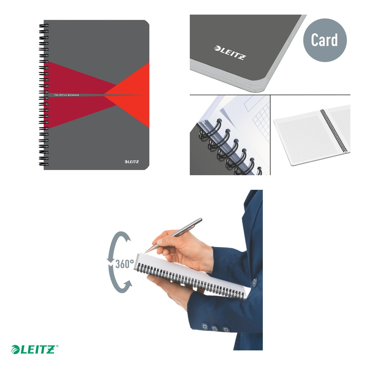 Caiet de birou Leitz Office, carton laminat, A4, 90 coli, cu spira, dictando, pentru documente perforate, hartie 80 g/mp, rosu [4]