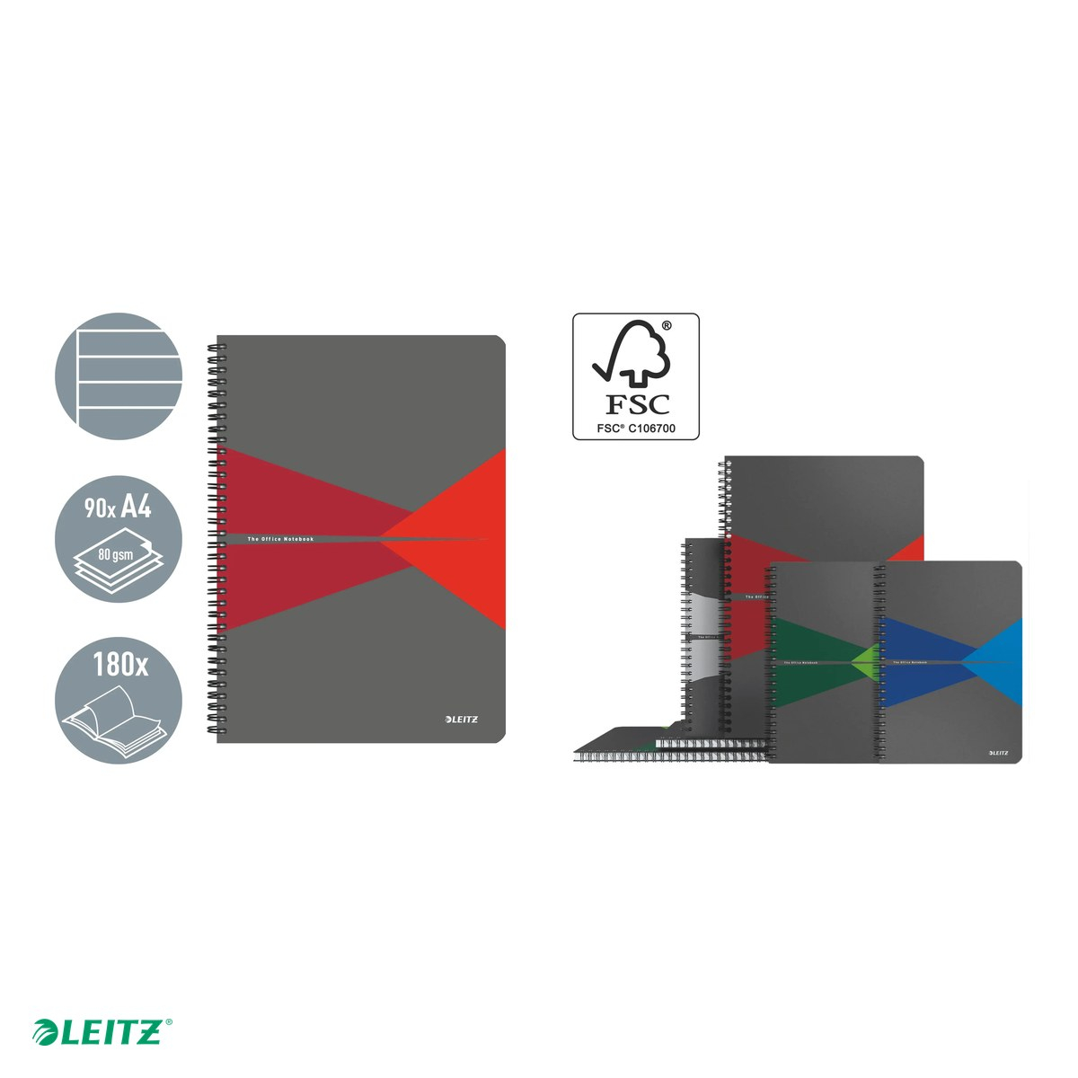 Caiet de birou Leitz Office, carton laminat, A4, 90 coli, cu spira, dictando, pentru documente perforate, hartie 80 g/mp, rosu [5]