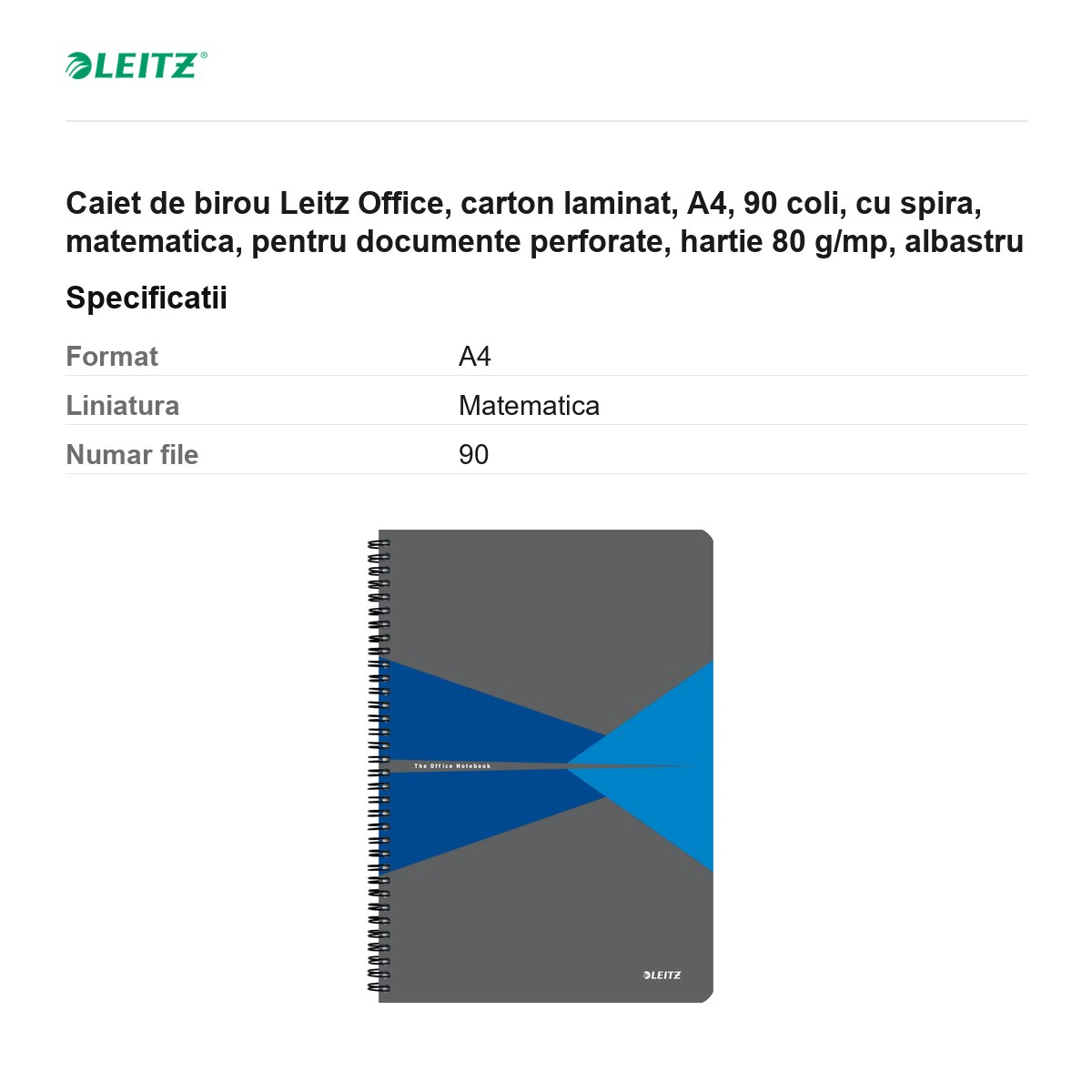 Caiet de birou Leitz Office, carton laminat, A4, 90 coli, cu spira, matematica, pentru documente perforate, hartie 80 g/mp, albastru [3]