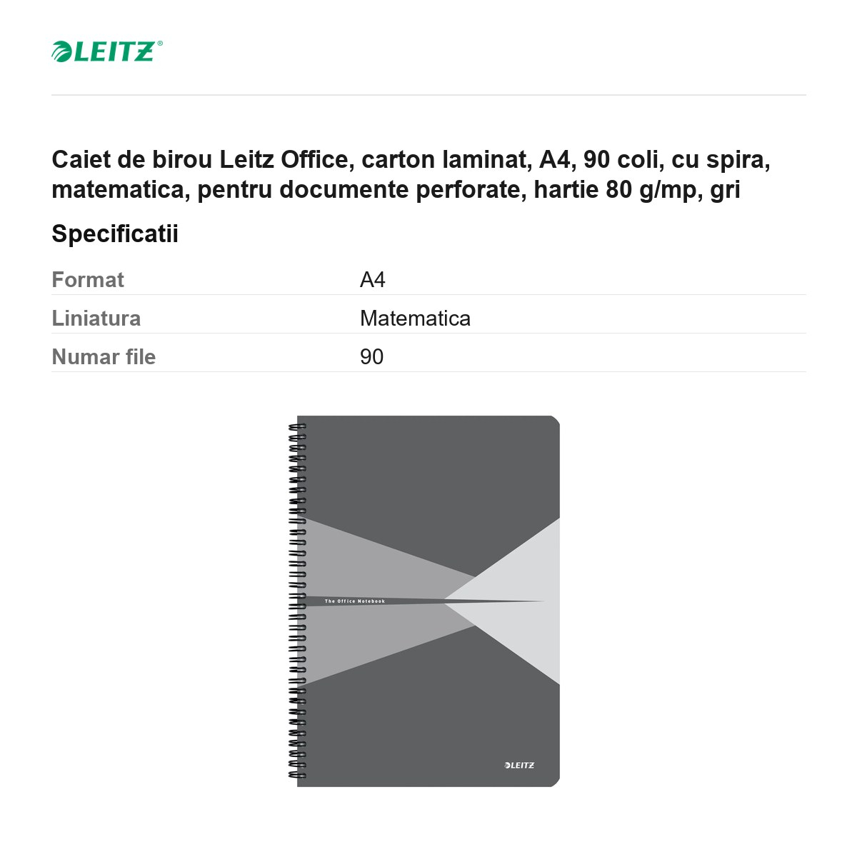 Caiet de birou Leitz Office, carton laminat, A4, 90 coli, cu spira, matematica, pentru documente perforate, hartie 80 g/mp, gri [3]