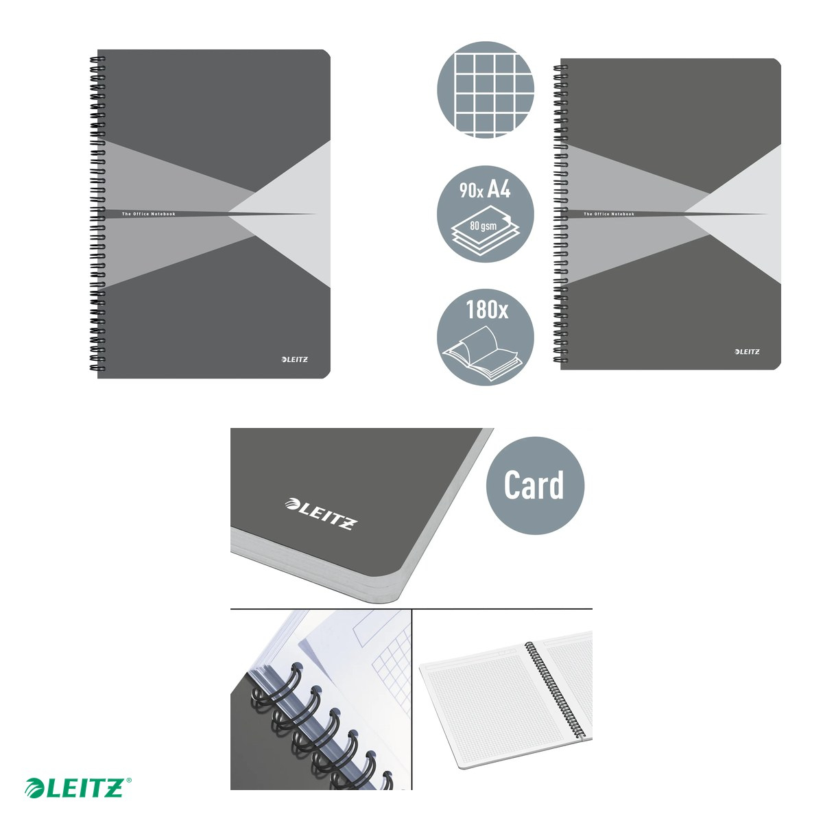 Caiet de birou Leitz Office, carton laminat, A4, 90 coli, cu spira, matematica, pentru documente perforate, hartie 80 g/mp, gri [4]